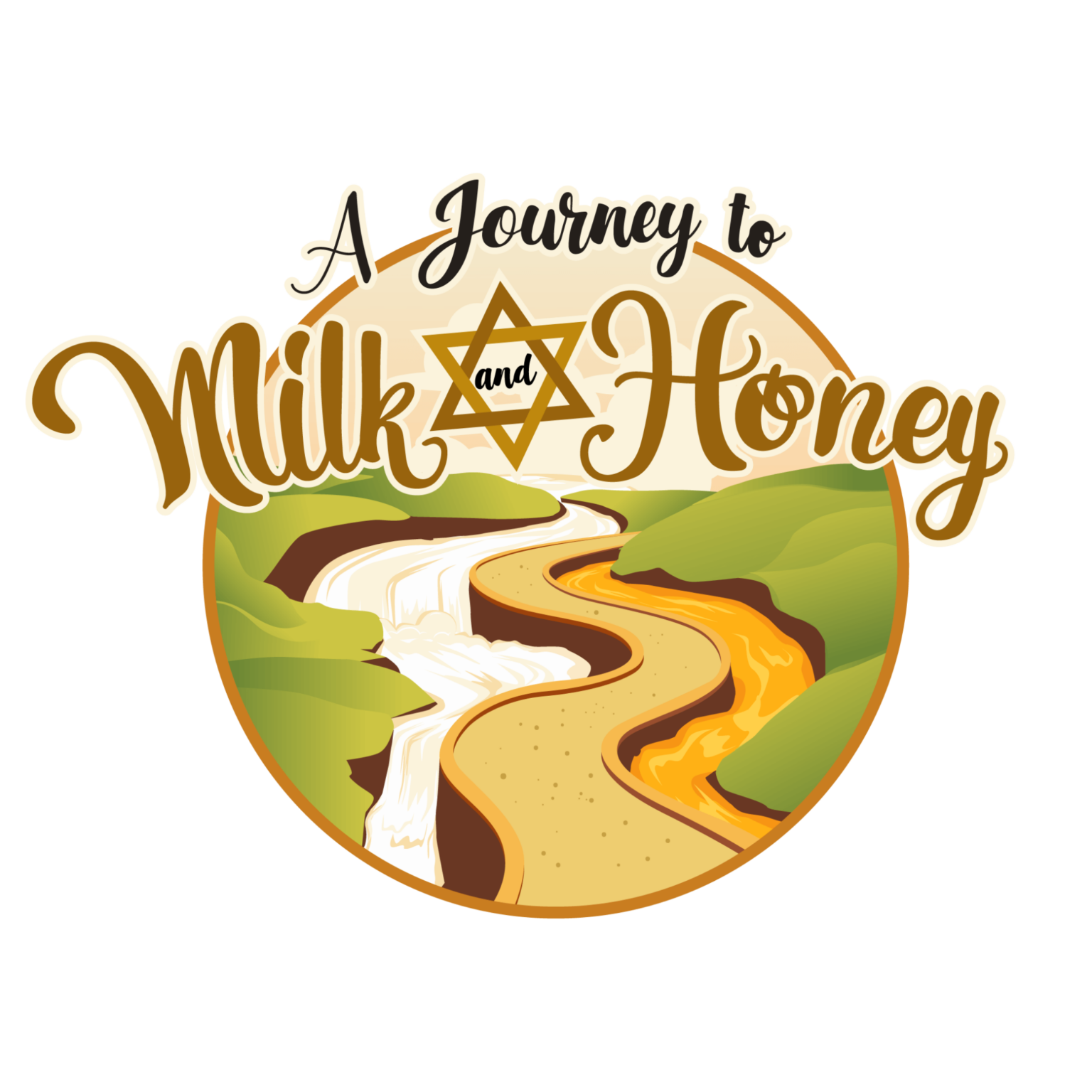 Illustration with text A Journey to Milk and Honey at the top. Below, a star-shaped symbol is visible. The scene shows a winding river made of milk and a stream of honey flowing through green hills.