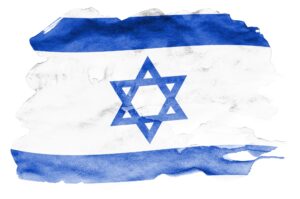 Israel flag is depicted in liquid watercolor style isolated on white background