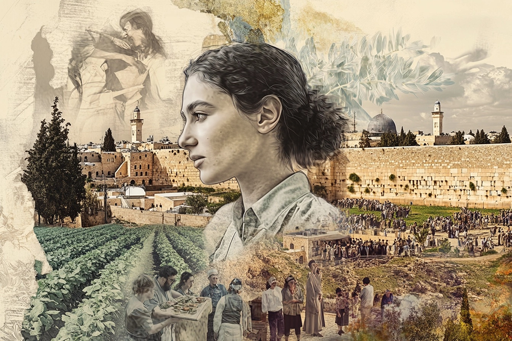 Illustrated image of Israeli woman's face over a collage of images from Israel.