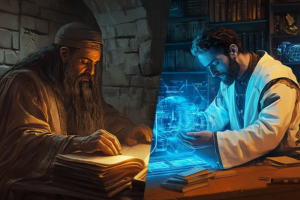 A bisected image in the style of an oil illustration. On the left is an old man in ancient times reading a Torah in an old, brick structure. On the right is a young man in modern times examining a blue hologram of an engineering schematic in a science lab.