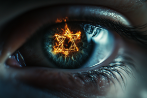 Closeup of a human eye with a Star of David burning inside the iris.