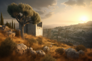 An image of a land of plenty separated from a rundown settlement of crude cement structure by telephone poles and barbed wire.