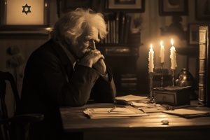An AI photograph of Mark Twain sitting at his desk with with head resting on his hands as he stares into dripping candlelight in contemplation. Behind him is a plaque on the wall with a Jewish star of David on it.