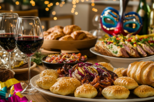 A Purim feast with two glasses of red wine in the foreground on the left and a celebratory mask out of focus in the background.