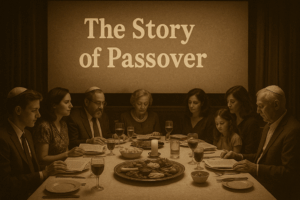 A family sitting at Seder in front of a movie screen that says 'the story of passover'