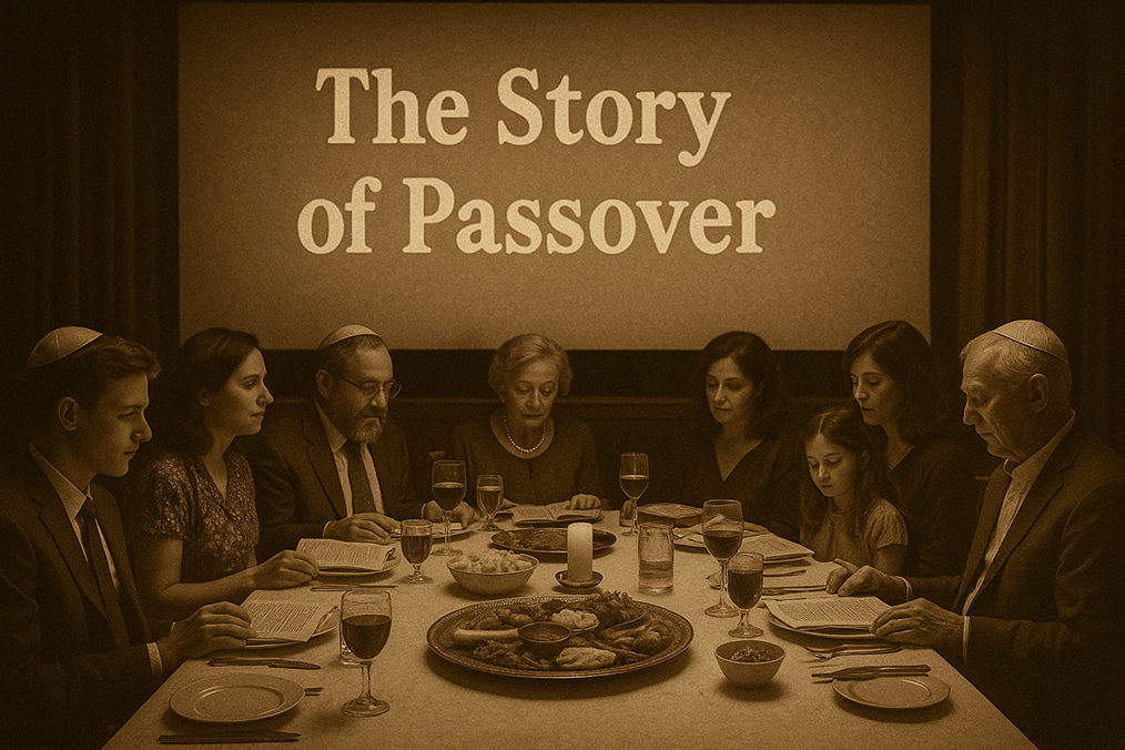 A family sitting at Seder in front of a movie screen that says 'the story of passover'
