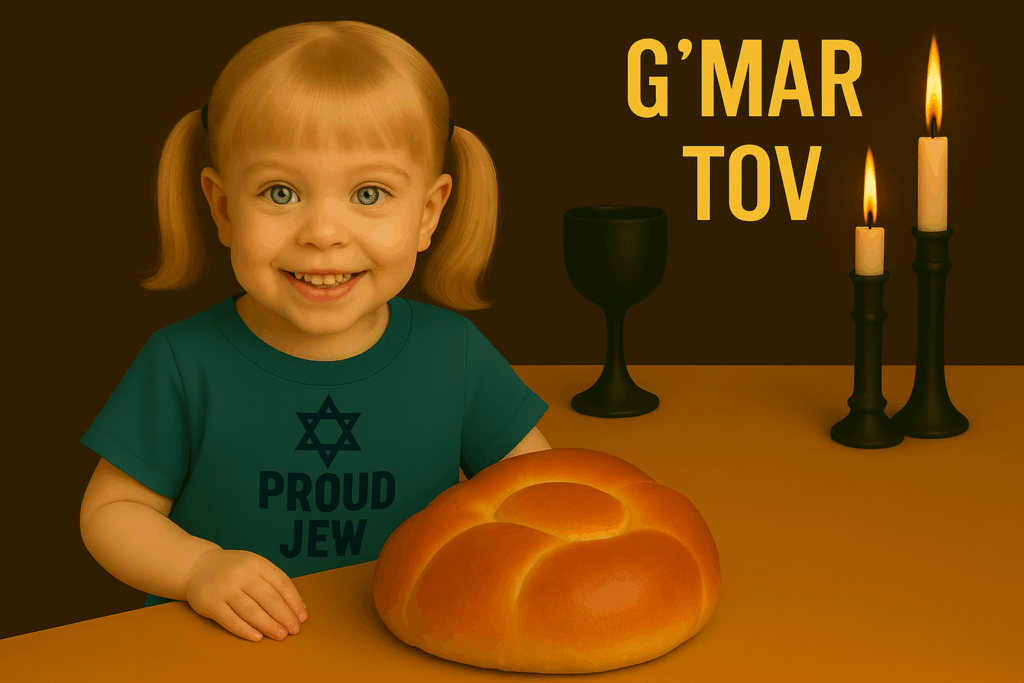 little Jewish girl wearing t shirt that says proud jew next to challah bread and candles