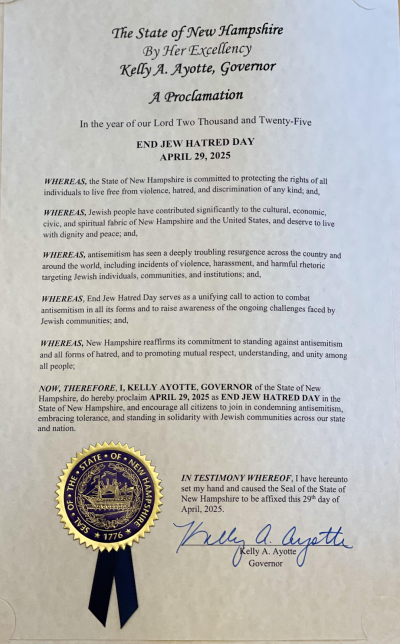 new hampshire governor ayotte's proclamation to declare April 29, 2025 End Jew Hatred Day